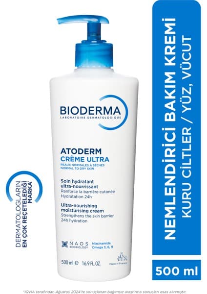 Bioderma Atoderm Ultra Vücut Kremi - 500 ml, Kuru Ciltler İçin Besleyici ve Nemlendirici Formül, Gözenekleri Tıkamayan